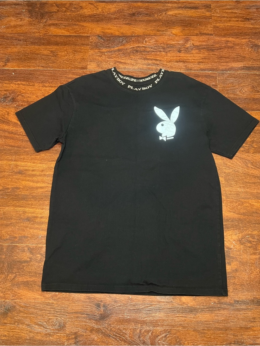 Y2K PLAYBOY Black Tee with White Bunny Chest and Branded Neck